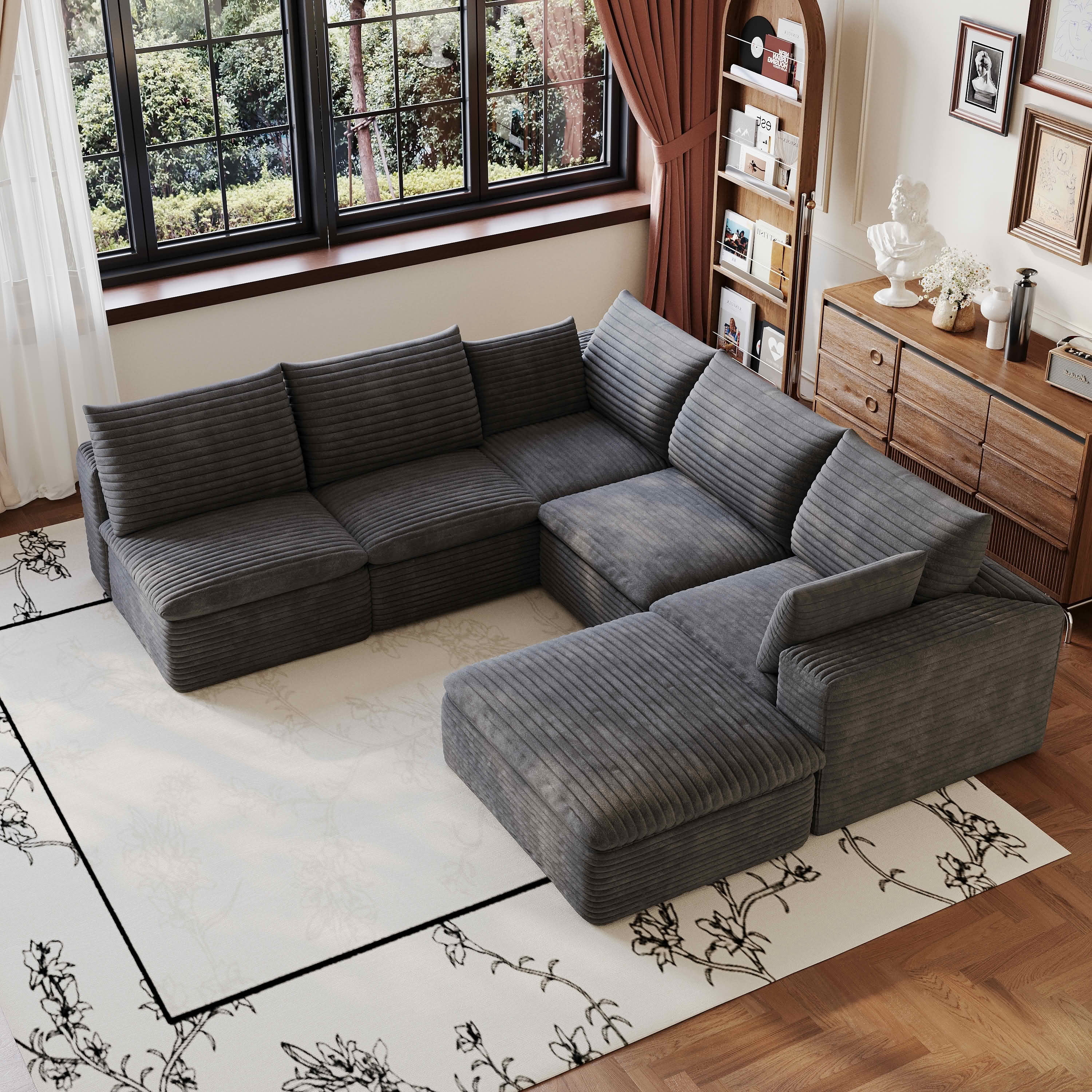 MAYEERTY 99×103-Inch Dark Gray Corduroy 6-Seat Cloud Modular Sofa, Deep Seat DIY Combination Couch with Removable Cushion No Assembly Required