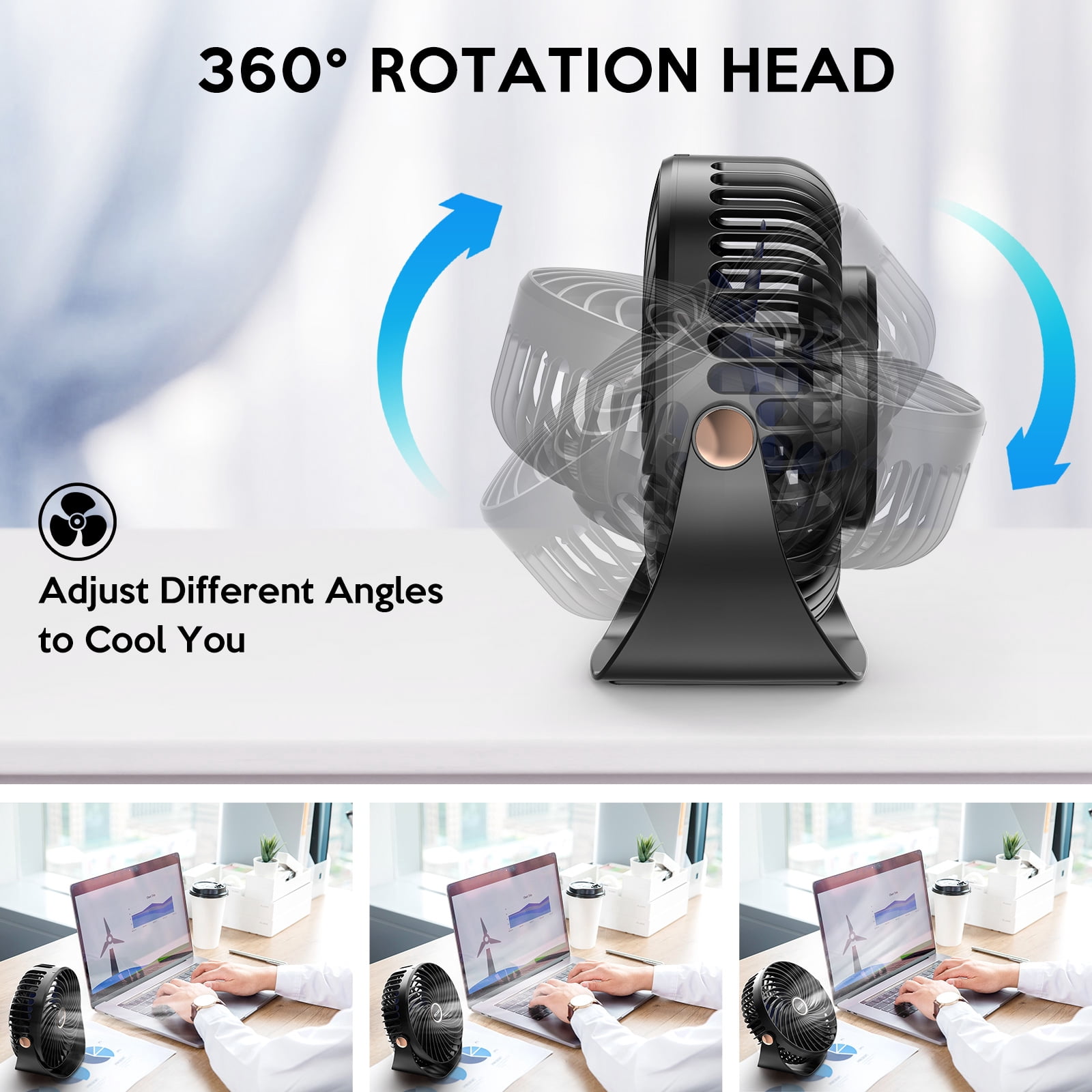 6" Table Fans for Home, Portable Desktop Fan 360°-Degree Adjustable Tilt, 3000mAh USB Rechargeable Fan, 26db Low Noise, 5 Speeds, Child Friendly Quiet Small Desk Fan for Home, Bedroom, Dorm & Office