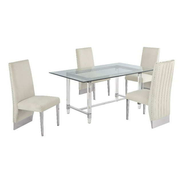 5pc. 68 "x 40" Ensemble de Dînette en Verre avec 4 Chaises et Acier Inoxydable Argenté