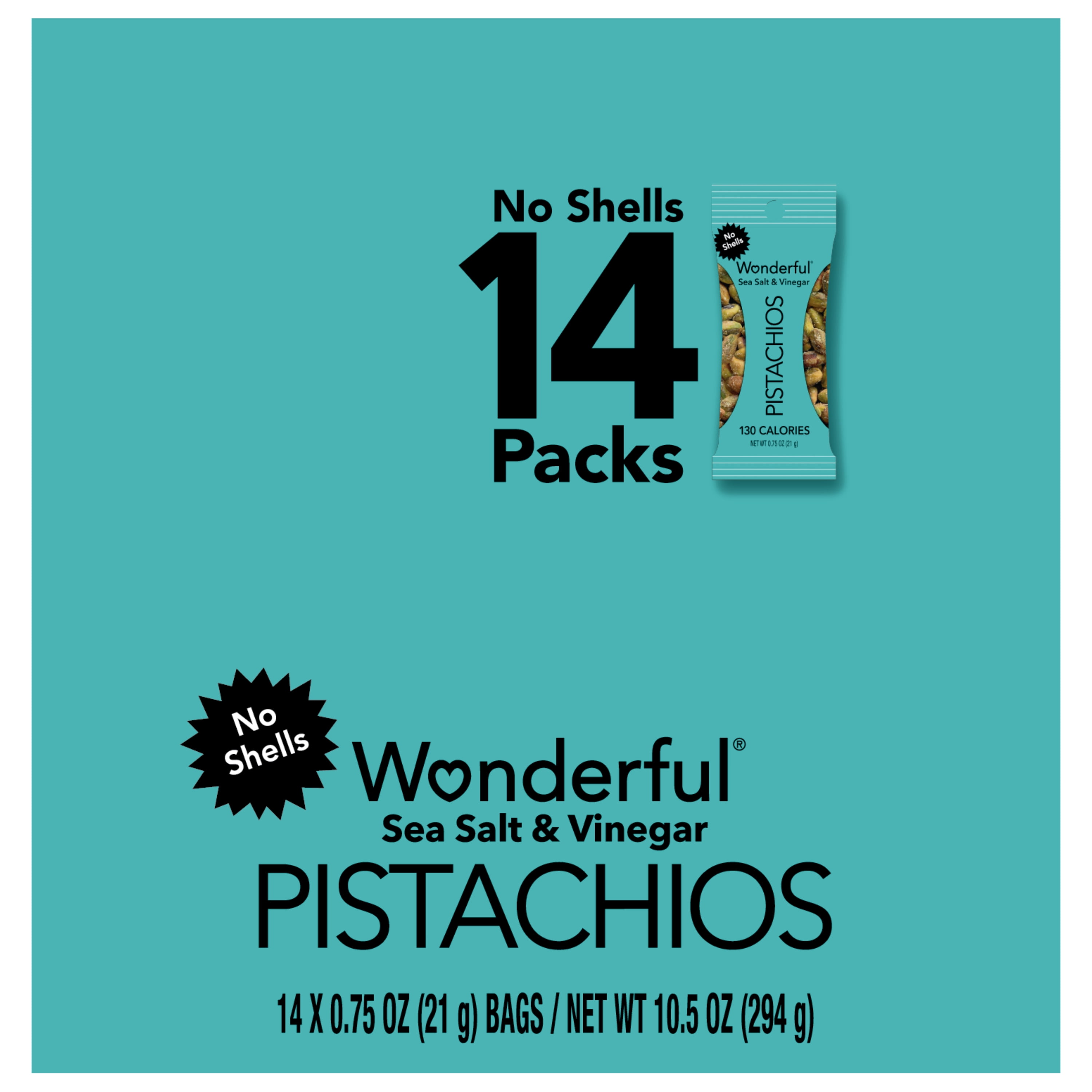 Wonderful Pistachios No Shells, Sea Salt & Vinegar Nuts, 0.75 Ounce Bags (Pack of 14)