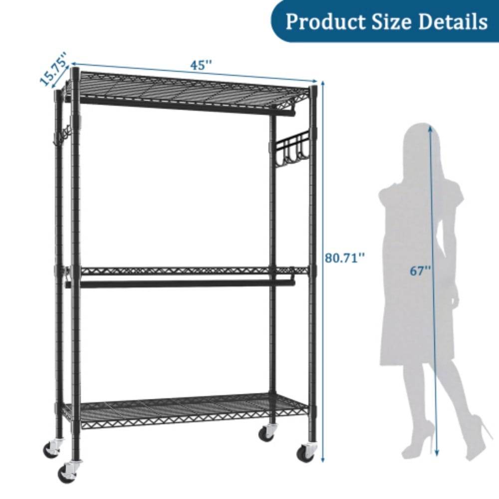Rolling Clothes Rack, Heavy Duty Garment Rack with Wheels, 3-Tier Adjustable Wire Shelving, 2 Clothes Rods & Side Hooks, Freestanding Metal Clothing Rack, Black