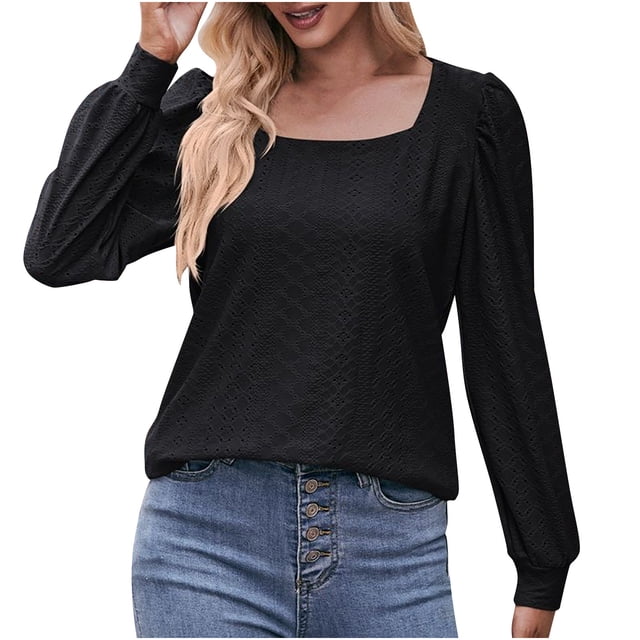 Timegard Hauts à Œillets pour Femmes Col Rond Manches Longues Bouffantes T-Shirts Transparents Habillés Décontractés Amples