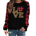 thumbnail image 2 of Camiseta de manga larga con cuello redondo para mujer, blusa informal con estampado de retales a cuadros, moda del Día de San Valentín, 2 of 4