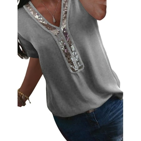 - Summer Women Blouse Chiffon Short Sleeve Lady T Shirt Casual Loose Sequined Splice V Neck Tops Plus Size