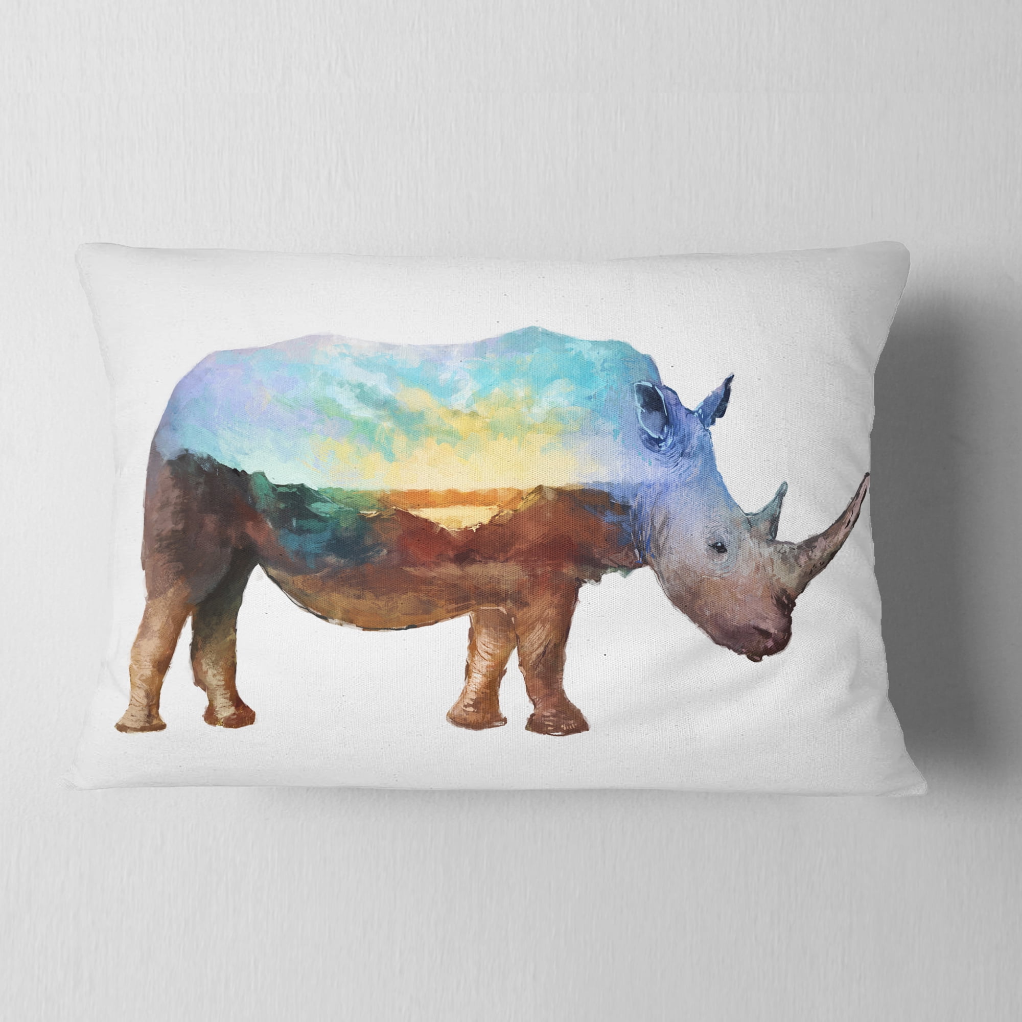 Designart Rhino Double Exposure Illustration - Animal Throw Pillow - 12x20