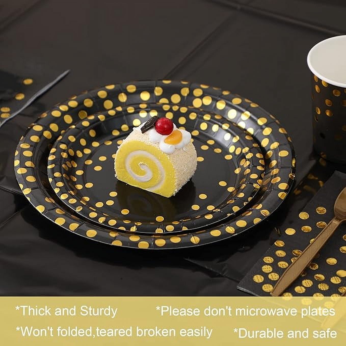 Zhuge Round Disposable Paper Plates for All Occasions - 100 Pack - 50 x 9" and 50 x 7" Dinner Plates, Golden Foil Polka Dots , Black and Gold Party Supplies
