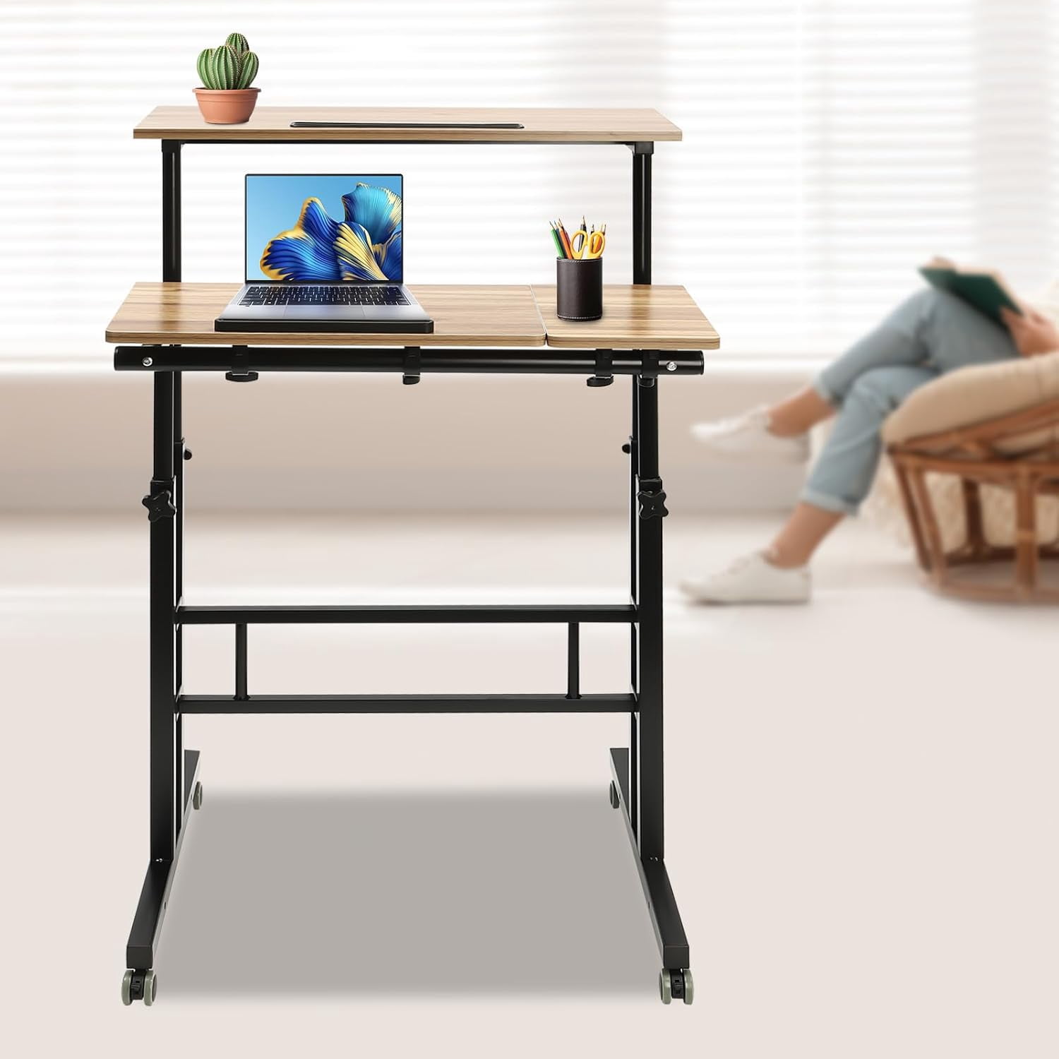Mobile Stand Up Desk Adjustable Laptop Desk with Wheels Storage Rolling Table Cart for Standing or Sitting, for Home Office Workstation, Iron-Brown, 28.5-49.5in