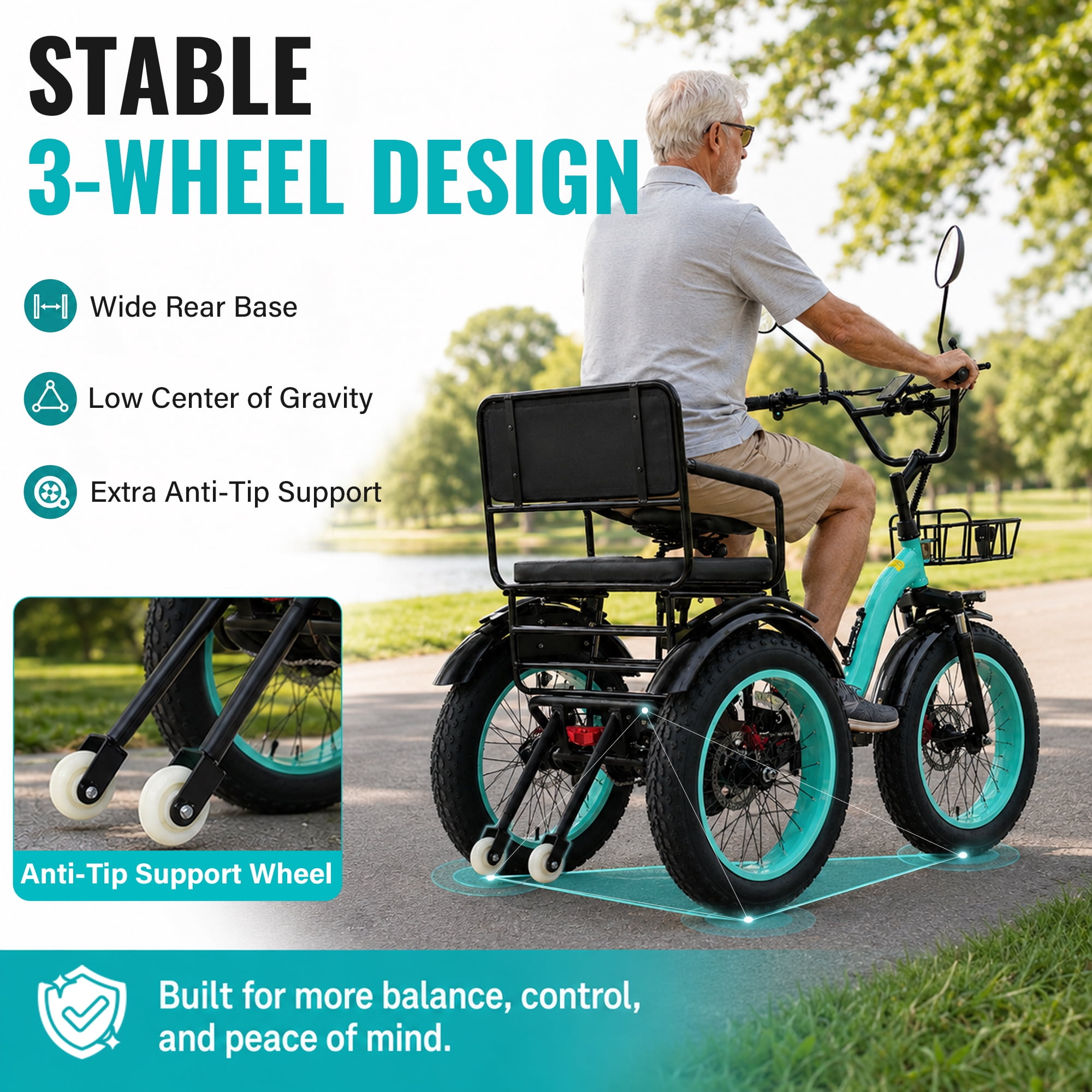 Broobey Pre-assembled 85% Two Seater Electric Tricycle 7 Speed with 48V20Ah Lithium Battery 750W Motor  Electric Tricycle for Adults with Rear Basket Green UL2849