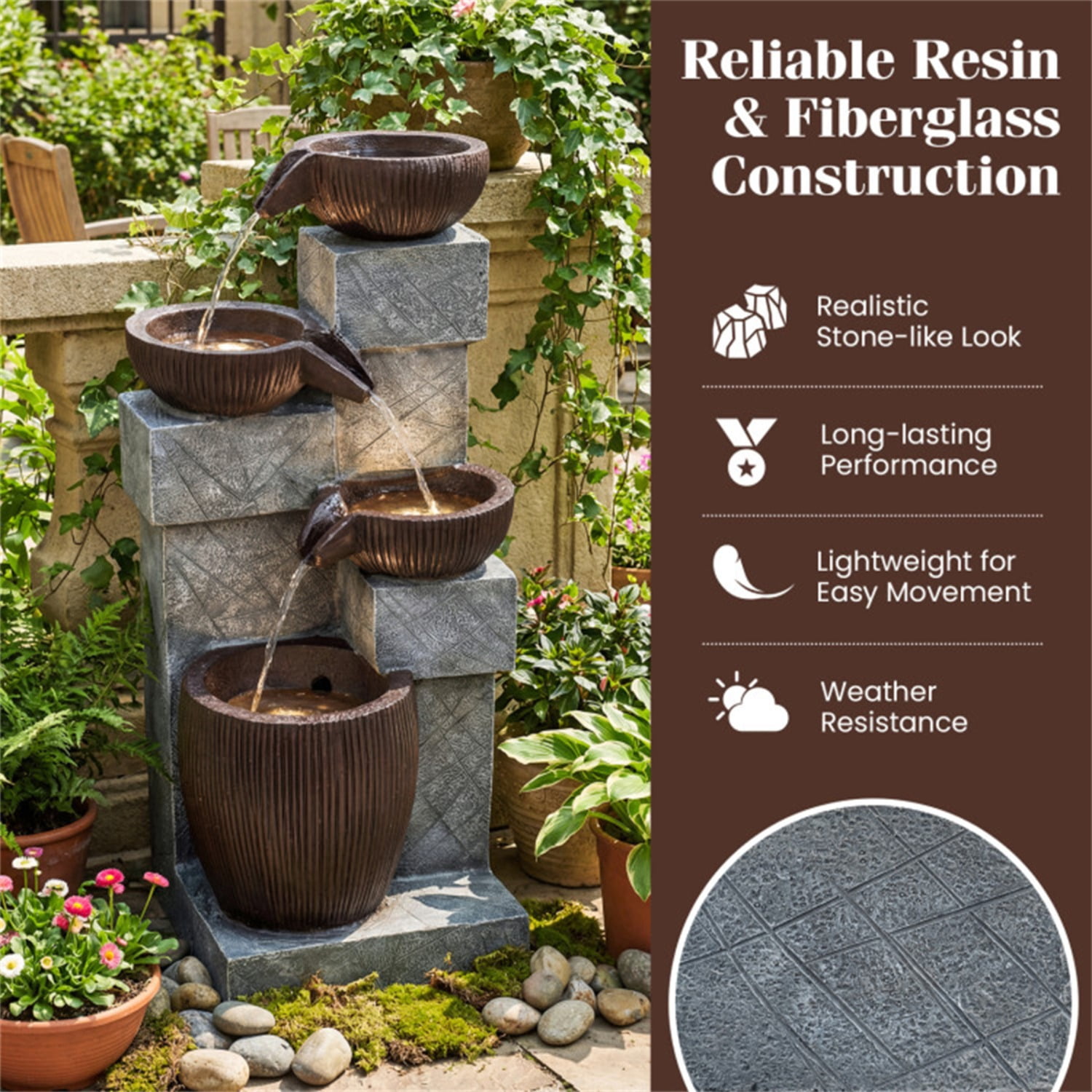 4-Tier Waterfall Fountain with LED Lights, Resin Fiberglass Outdoor Fountain with Adjustable Flow for Garden Patio