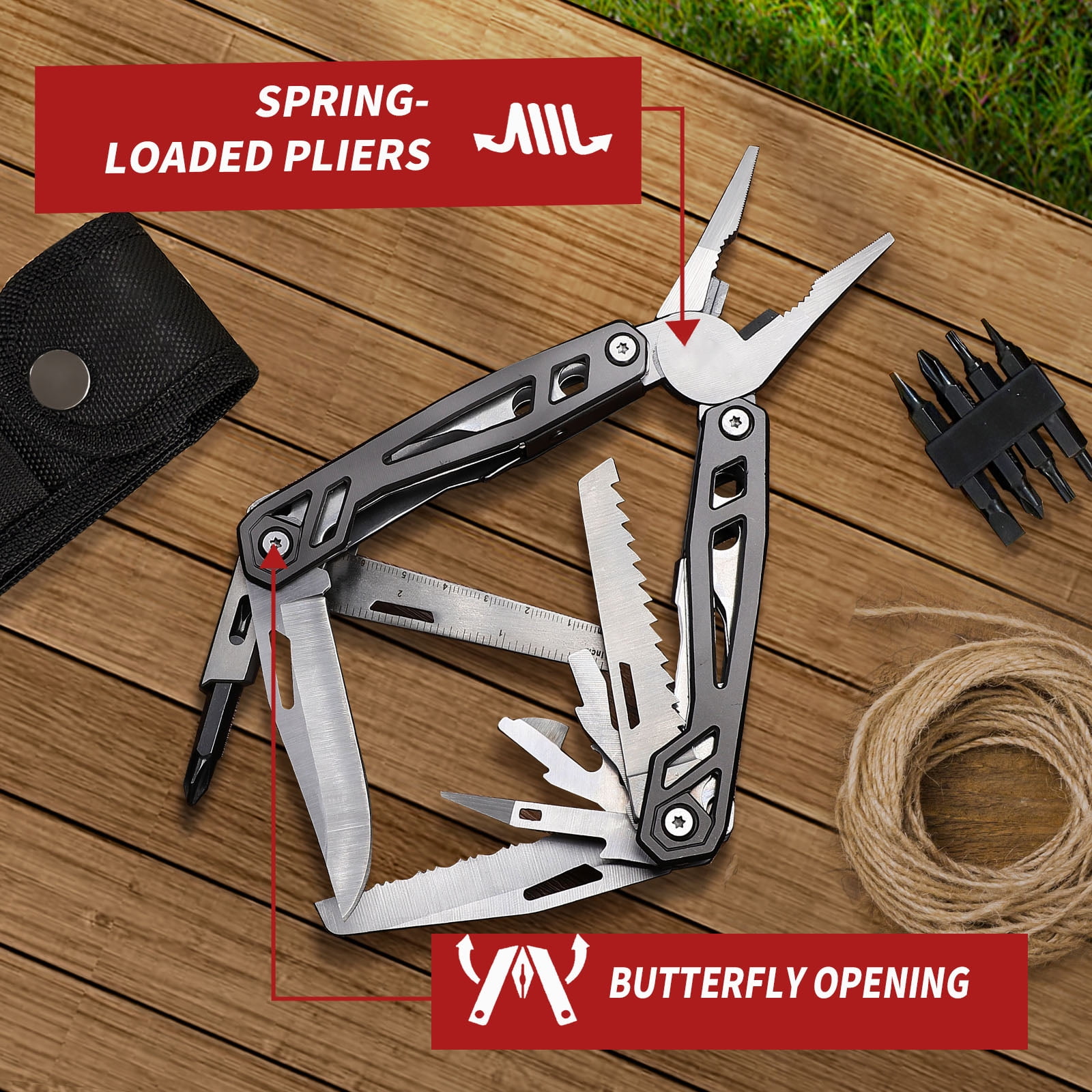 TAWOM 21-in-1 Multitools Pocket Knife, Multi-Function Pliers, Self-Locking EDC Survival Gear with Pouch for Camping, Outdoor , Father's Day Gift for Men, Dad, Him, Gray