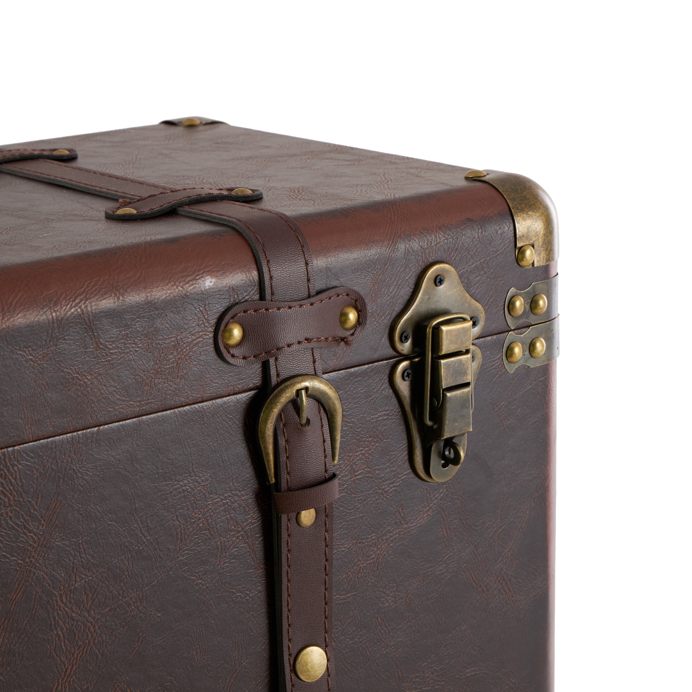 DecMode 19" x 10" Brown Faux Leather Nesting Upholstered Trunk with Vintage Gold Accents and Studs, 3-Pieces