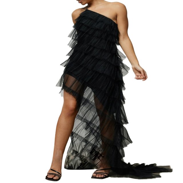 Women Halter Ruffles Tulle Maxi Dress Off Shoulder Backless Layered Tiered Midi Dress Cocktail Party Prom Long Dresses