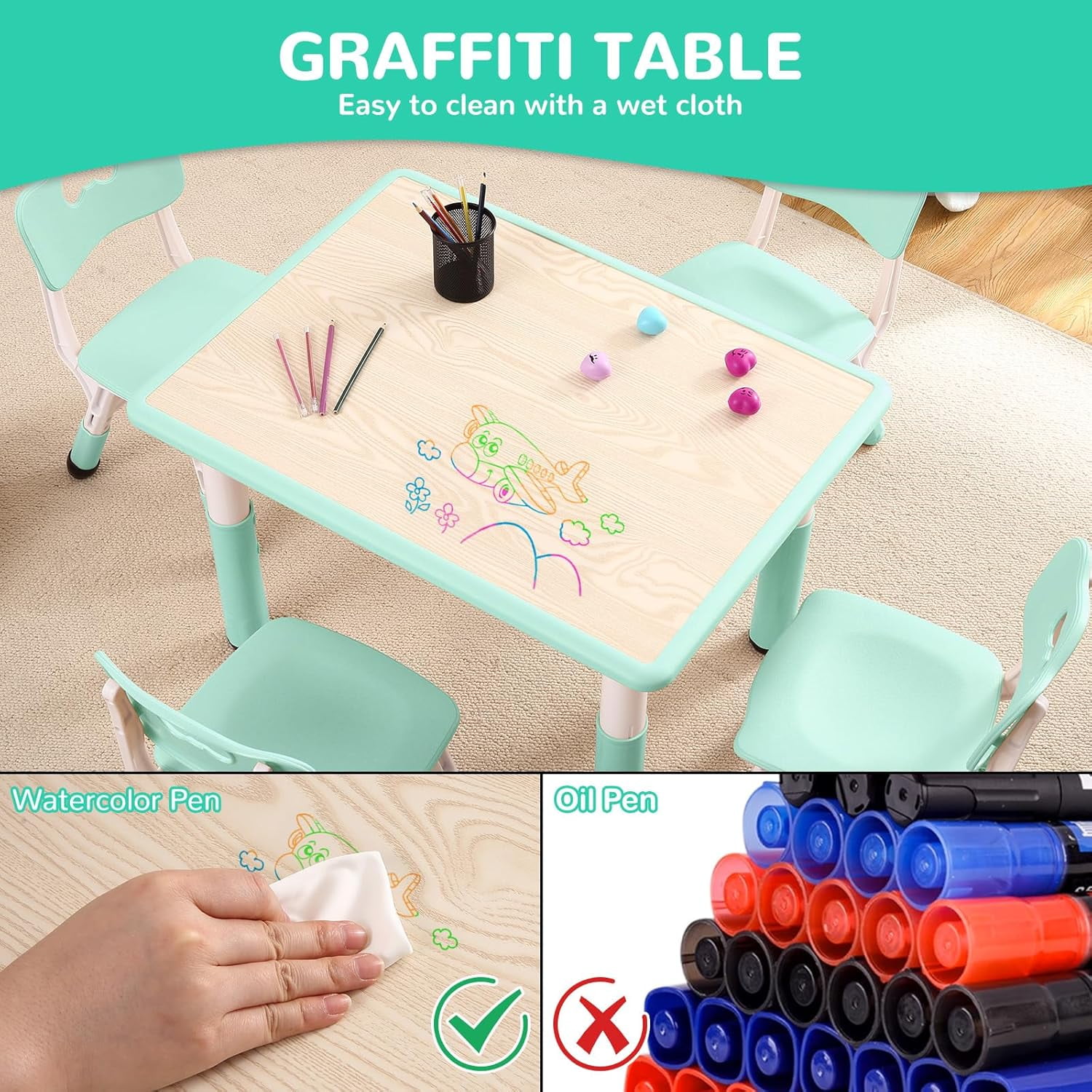 Lumiparty Kids Table and Chairs Set, Height Adjustable Toddler Table and 4 Chairs, Children Multi-Activity Table with Graffiti Desktop Non-Slip Legs for Ages 2-10, for Daycare, Home, Light Blue