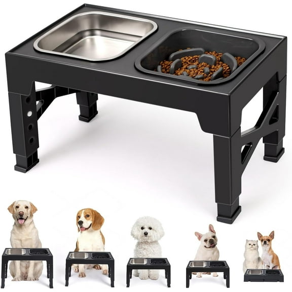 Elevated Dog Bowls, 5 Adjustable Heights Raised Dog Bowl Stand, with 2 Stainless Steel Dog Food Bowls and 1 Slow Feeder Dog Bowl