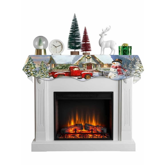 Farmhouse Christmas Mantel Scarf Fireplace Decorations for Living Room, Xmas Tree Truck Snowflake Snowman Fireplace Mantel Scarf Cover Runner for Halloween/Thanksgiving/Christmas Decor 60"x17"
