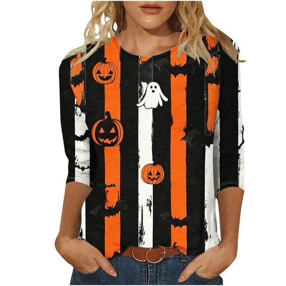 aohooy Halloween Tee Shirts for Women Plus Size 3/4 Sleeves Fall Shirts Halloween Theme Graphic Tees Tops Vacation Shirts Crewneck Pullover 2025 Multicolor,S