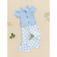 thumbnail image 3 of Suealasg Toddler Girls Clothes 1T 2T 3T 4T 5T Kids Little Girl Summer 2Pcs Outfit Short Sleeve Cold Shoulder Tops Checkerboard Daisy Print Flare Pants, 3 of 7