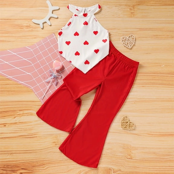 ZEHJUHAN Toddler Girl's 2-Piece Set Halter Neck Heart Print Sleeveless Top & Solid Color Flare Pants Cute Summer Outfit White,4Y