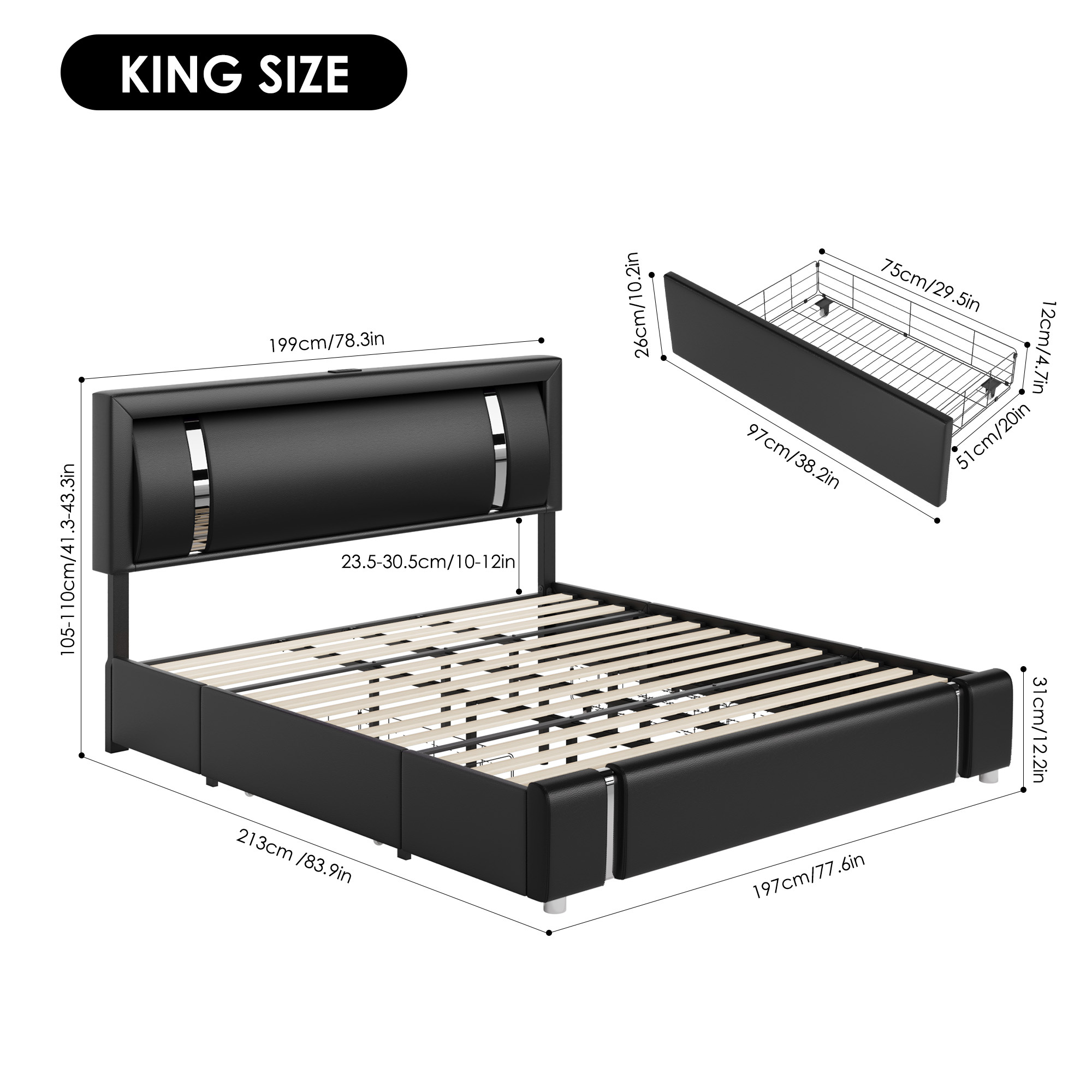 Homfa King Size LED Bed Frame with 2 Storage Drawers, Modern Leather Upholstered Platform Bed Frame with Adjustable Headboard, Black - image 4 of 11
