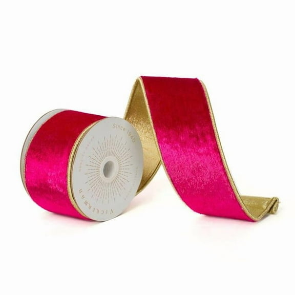 Vickerman QK241325 2.5 in. x 10 Yards Hot Pink Shiny Velvet Gold Wired Ribbon