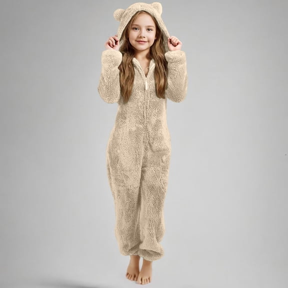 Fleece Hooded Onesie Pajamas Zip Up Hooded Onesie Zip-Front Girls Fleece Hooded Jumpsuit Long Sleeve One Piece Sleepwear With Pockets Boys Onesie Pajamas Girls Full Length Onesie Loose Fit Beige
