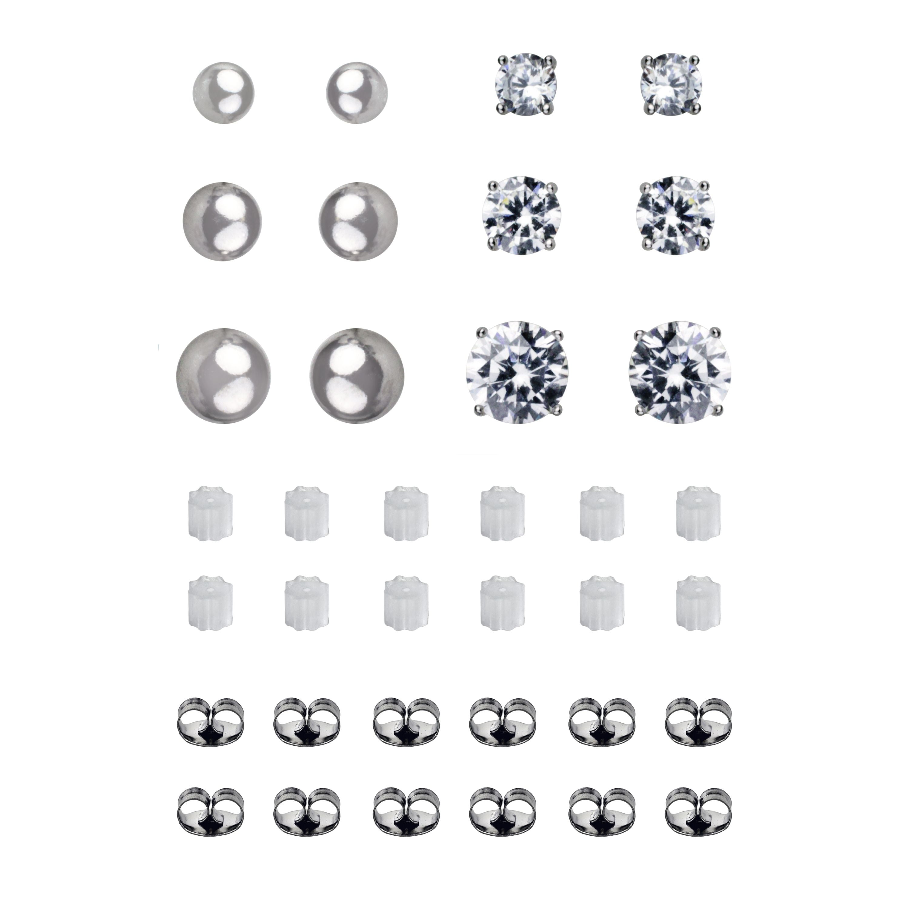 Brilliance Fine Jewelry Women's Simulated Diamond and Ball Stud 6 Pair Earrings in Sterling Silver