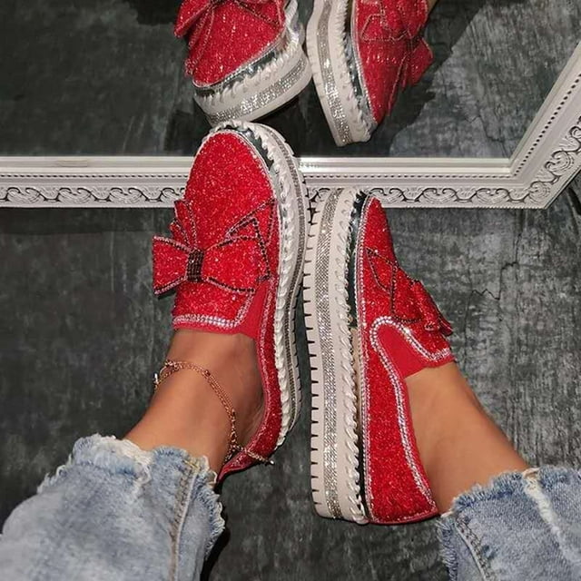 Zapatillas de deporte sin cordones a la moda para mujer, brillo de diamantes de imitación para mujer, mocasines de plataforma lindos zapatos planos informales con lazo para niñas Wmkox8yii ahfdhkah687