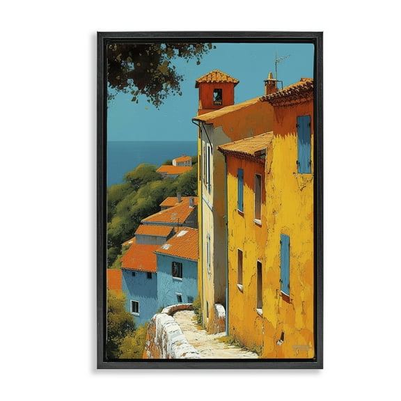 Stupell Industries Tall Buildings by Sea Buildings & Architecture Painting Black Floater Framed Canvas Art Print Wall Art, 17 x 25