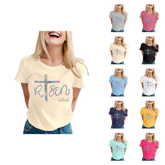 Easter T Shirts for Women Short Sleeve Crewneck Christian Bible Verse Risen Indeed Graphic Tees