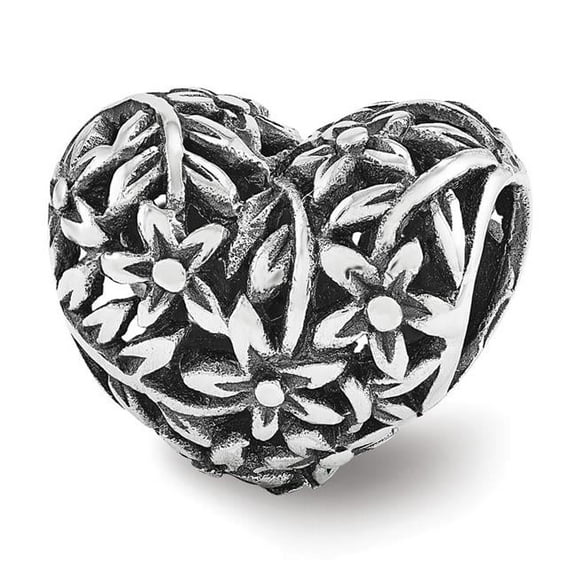 The Black Bow Filigree Flower Heart Bead Charm in Antiqued Sterling Silver