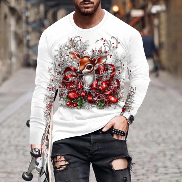 Blusas y camisas de manga larga con cuello redondo para hombre, estilo casual, cuello redondo, manga larga, camiseta con estampado navideño, blusa de poliéster para hombre.