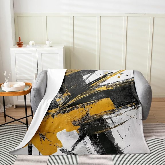 Abstract Gold And Black Throw Blanket For Couch Sofa Bed Fluffy Soft Cozy Warm Microfiber Fleece Blanket