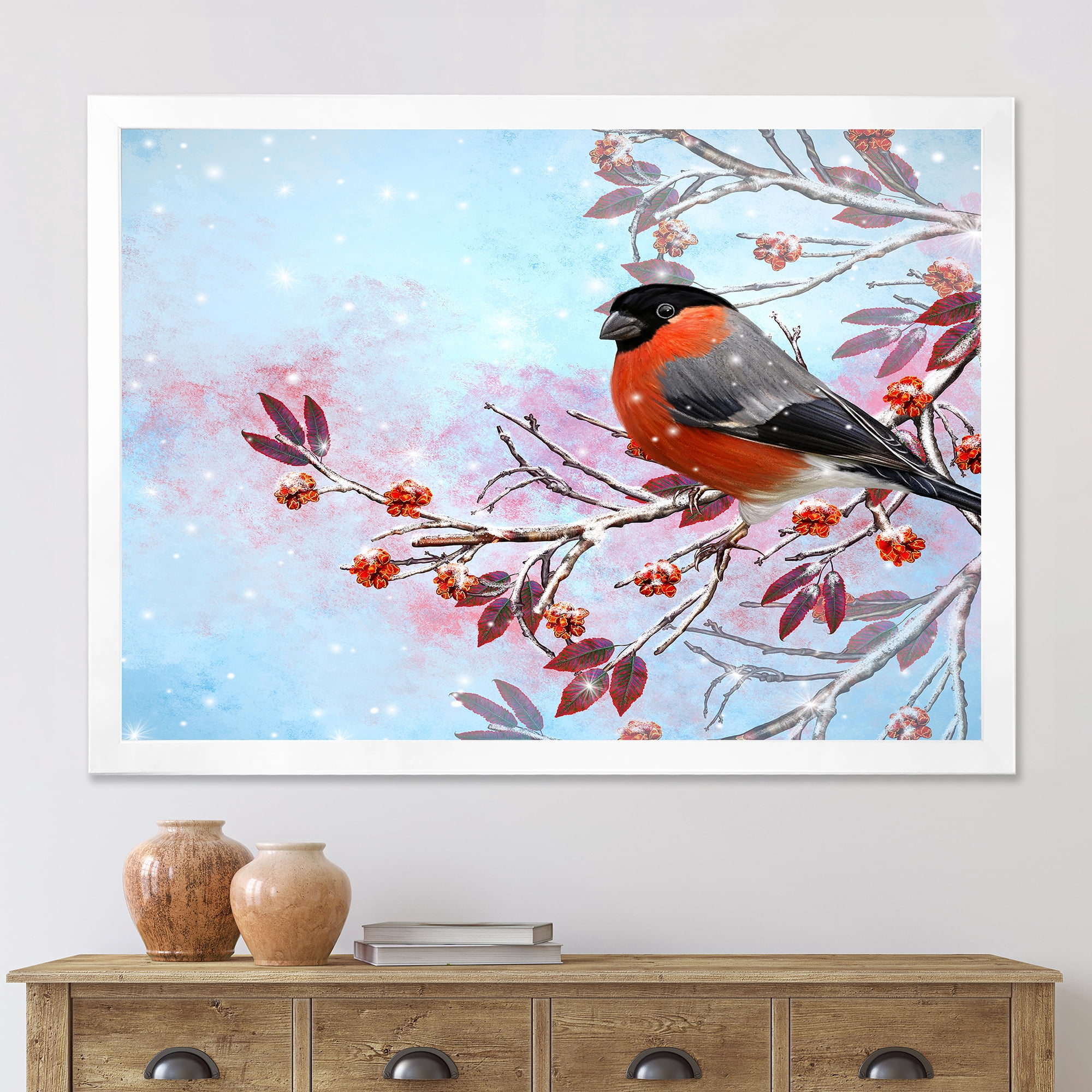 Designart 'A Bright Bullfinch Bird Sitting On A Branch' Traditional Framed Art Print