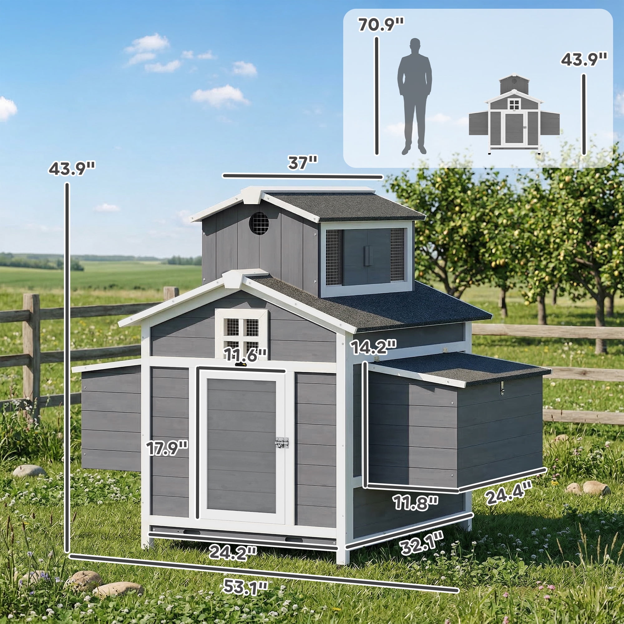 PawHut Chicken Coop for 2 Chickens, Wooden Hen House with Nesting Box, Pull-Out Tray, Ventilation Windows, Poultry Hutch Rabbit Cage