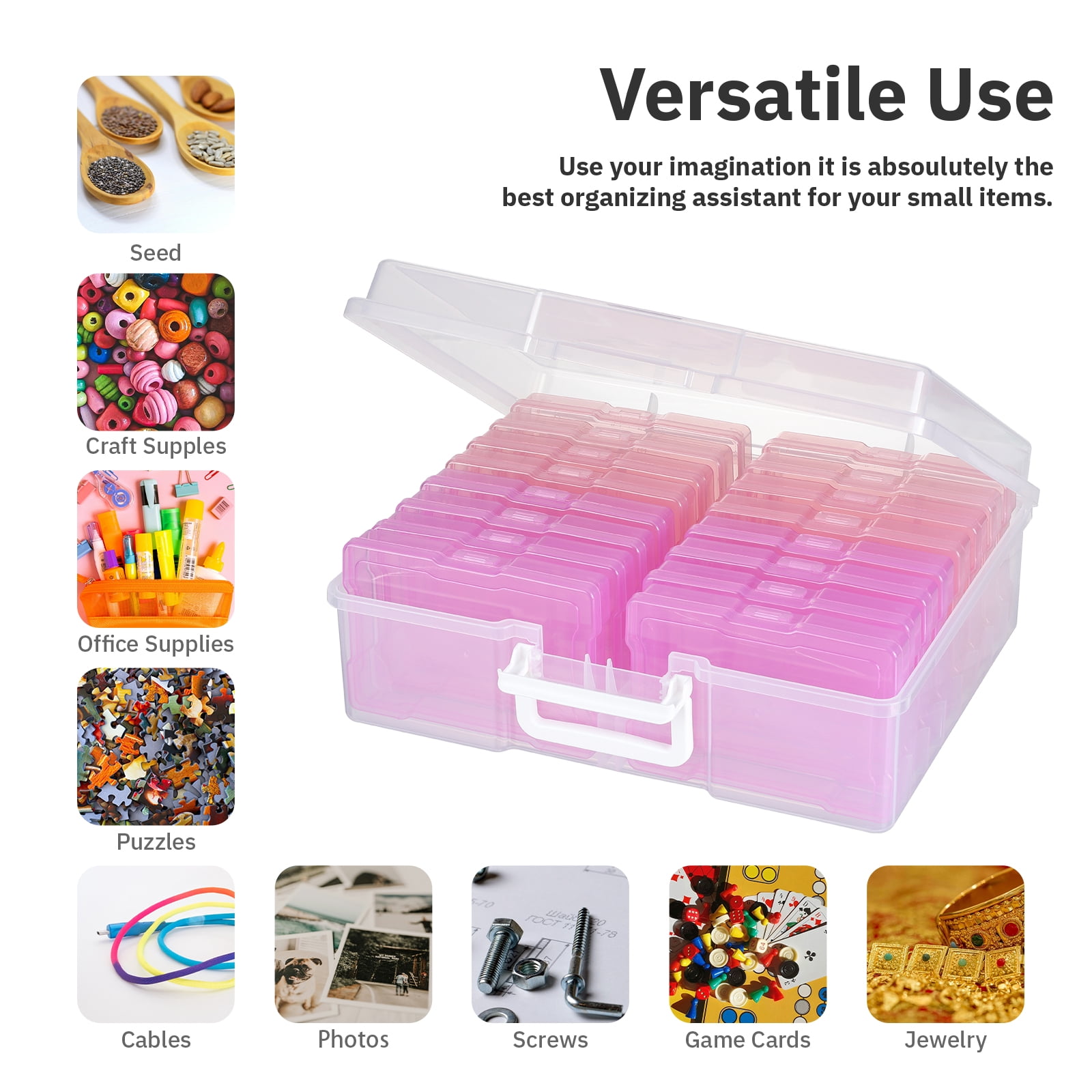 Novelinks Photo Storage Box with 16 Inner 4" x 6" Photo Case Organizer Box and Craft Keeper with handle for Photo Puzzles Cards Seed Packets,4 Pink Colors
