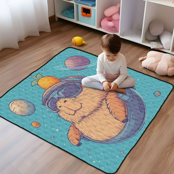 WOBOGO Space Capybara Baby Playmats Extra Large Waterproof Rollable Activity Pads for Toddlers 50×50inch