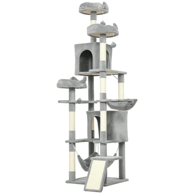 CoSoTower 76" Large Cat Tree for Indoor Cats with 8 Scratching Posts, 3 Plush Beds, 2 Hammocks, 2 Large Condos, Ramp, Light Grey