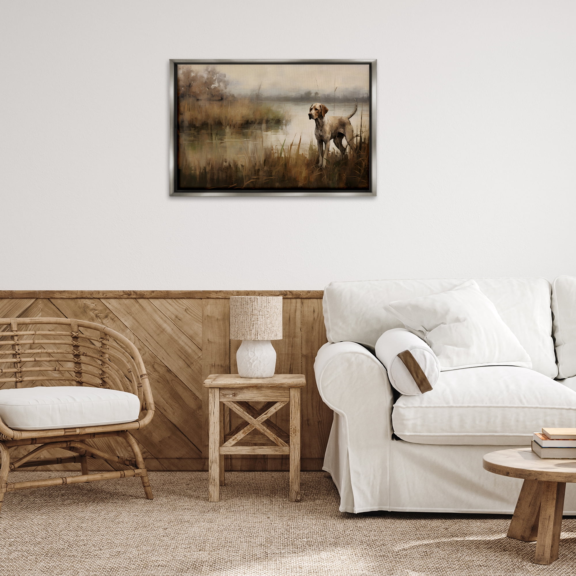 Stupell Industries Hunting Dog in Nature Landscape Painting Gray Floater Framed Canvas Art Print Wall Art, 31 x 21
