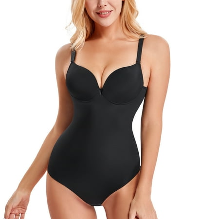 

CtriLady Shapewear Bodysuit for Women Bodywear Waist Trainer Tummy Control Smooth V Neck Body Shaper Underwire Bra With Built-in bra Jumpsuit(Black Medium)