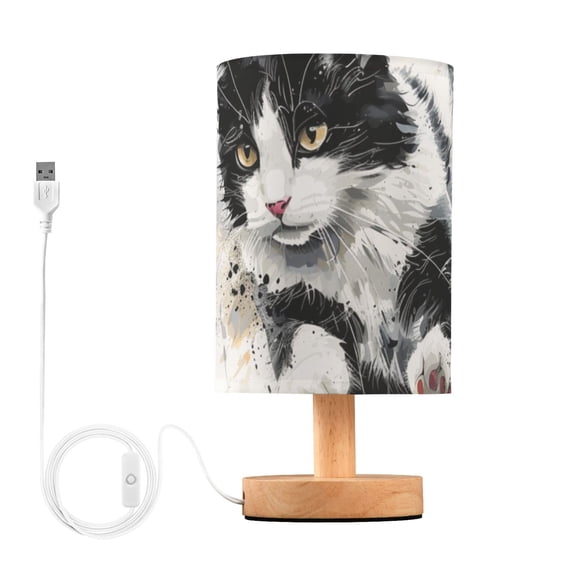 Black and White Cat Run Table Lamp USB Bedside Desk Nightstand Lamp Printed Gifts Small Lamp Wood Base for Bedroom Living Room Kids Room College Dorm