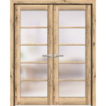 Solid French Double Doors 60 x 80 inches | Quadro 4002 Oak | Wood Solid Panel Frame Trims | Closet Bedroom Sturdy Doors