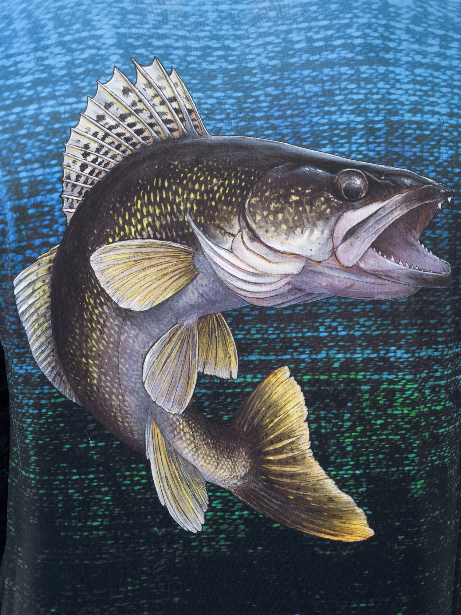 Fish N Vibe Men's Long Sleeve Performance UPF 30 Fishing Graphic Hoodie, Murky Walleye-Blue, L