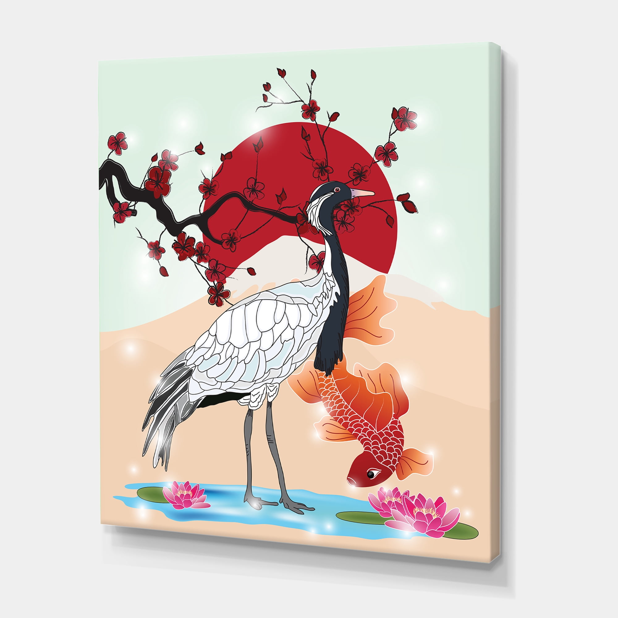 Designart ' Koi Fish With Crane Bird ' Farmhouse Canvas Wall Art Print