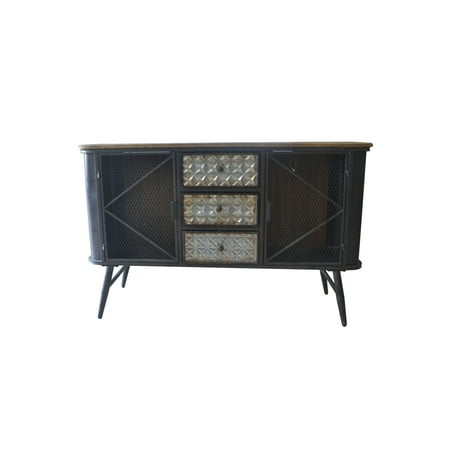 Metal Sideboard Buffet Emerald Home Laurell Hill Patina Gray and Rustic Fir Buffet with Metal Base, Three Drawers, Wire Mesh Door Fronts, And Solid Wood Top ()