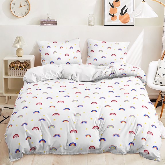 YJHDM 3D Minimalist Style Bedding Set with Rainbow Theme White Down Duvet Cover Pillowcase 2/3pcs