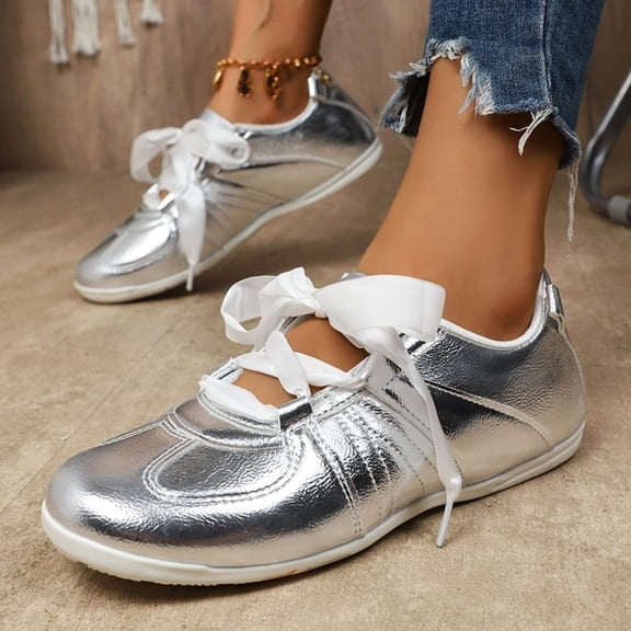 IEMIEMIEM Women's Retro Sneakers Fashion Vintage Trendy Walking Shoes Athletic Non-Slip Lace-Up Casual Comfort Low Top Tennis Shoes Silver 10 Wide