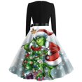 Christmas Grinch Dress Green Women Christmas Dress Vintage Swing Dress Long Sleeve Print Holiday