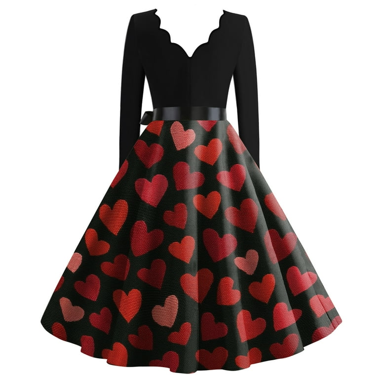 Yifymode Valentine's Day Dresses for Women Long Sleev Vintage Love Heart Print V-Neck A-Line Cocktail Party Dress with Belt Black M, Women's, Size: