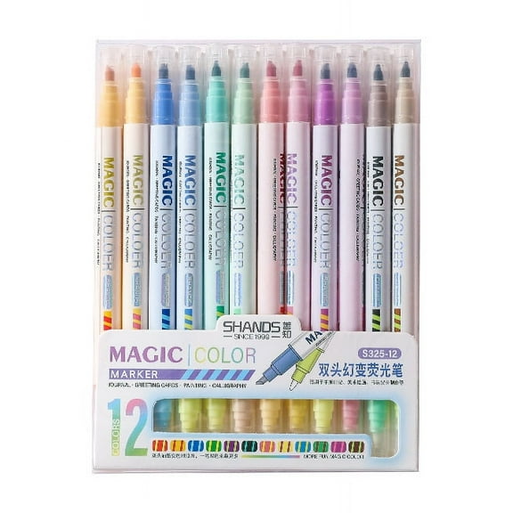 12 Color Fluorescent Pen Markers, Dual Tip Markers , Double Ended Chisel Tip Marker Set Great for Art Supplies, Drawing and Stationery Sets