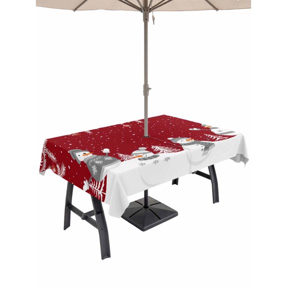 Outdoor Tablecloth with Umbrella Hole and Zipper, Red Snowman Christmas Rectangle Table Cloth 52x70 Inch Waterproof Tablecloth, Winter Snowflake Pine Xmas Tree Picnic Table Cover for Patio Camping
